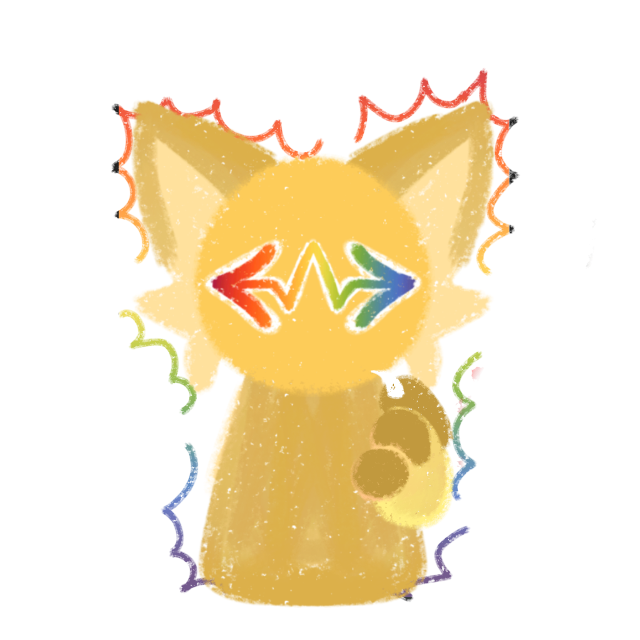 a yellow cat-like with the schizospec symbol in rainbow on its face it's pointing to itself and has a rainbow squiggle around its body